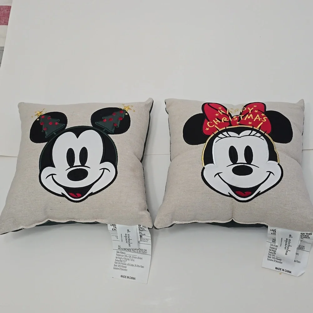 Set Of 2 Mickey Minnie Mouse Nicholas Square Canvas Embroidery Christmas Pillows